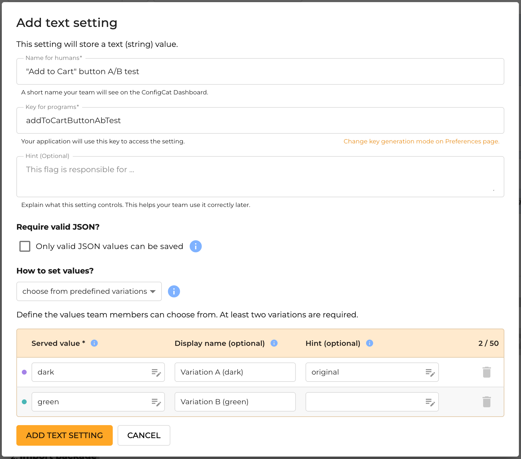 Add text setting form with data