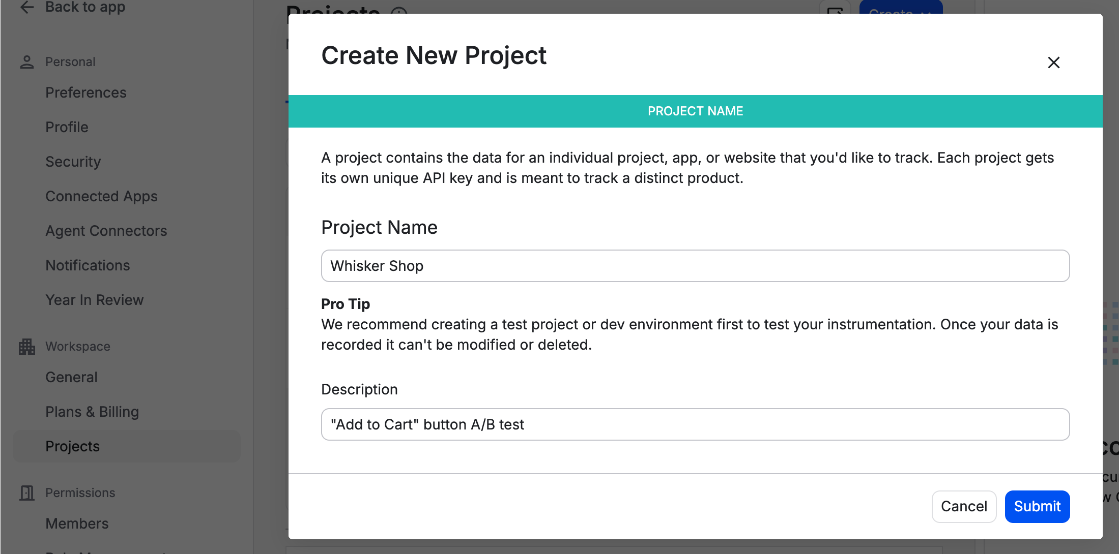 Create new project form in Amplitude