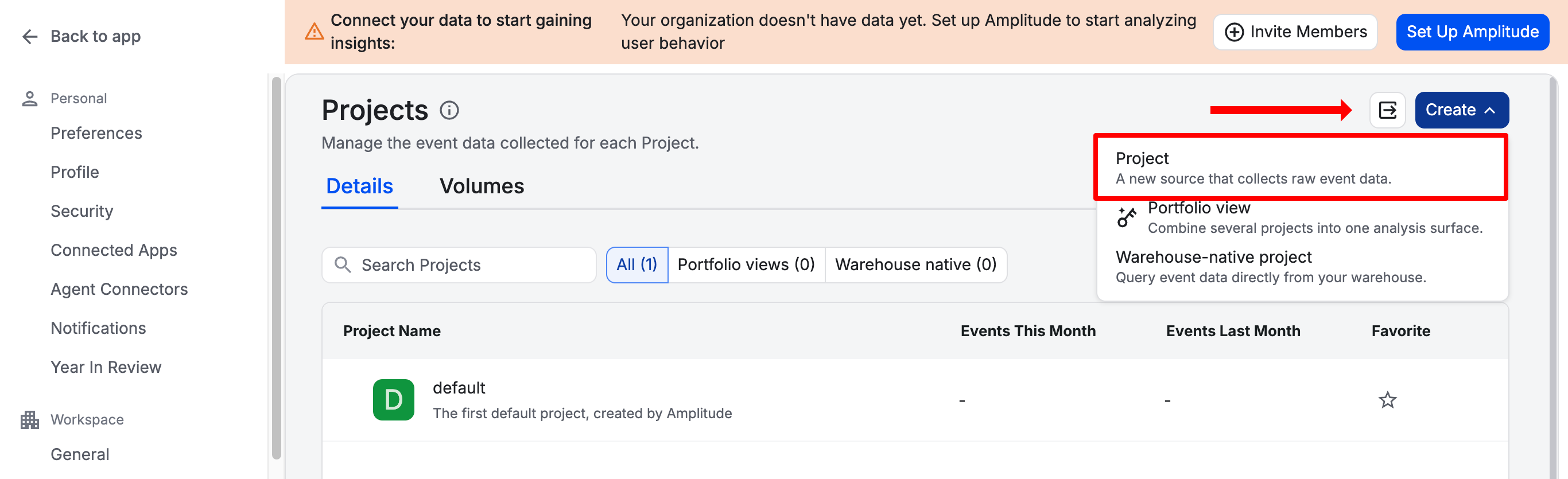 Create project button in Amplitude