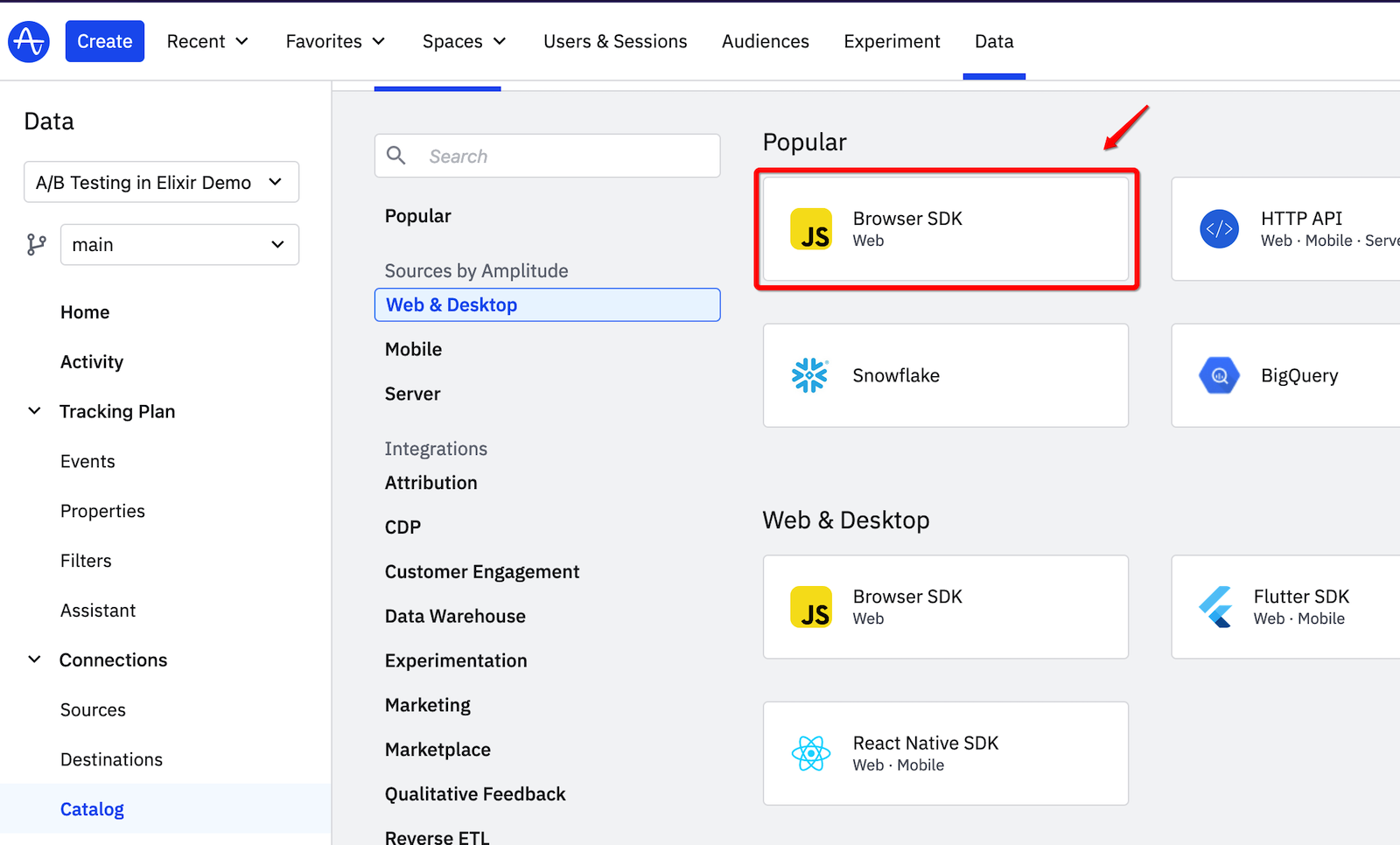 Selecting a data source in Amplitude