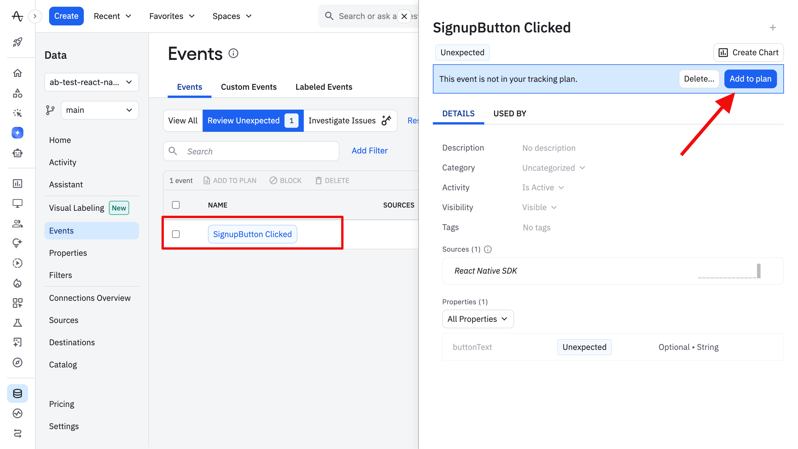 Add event to tracking plan