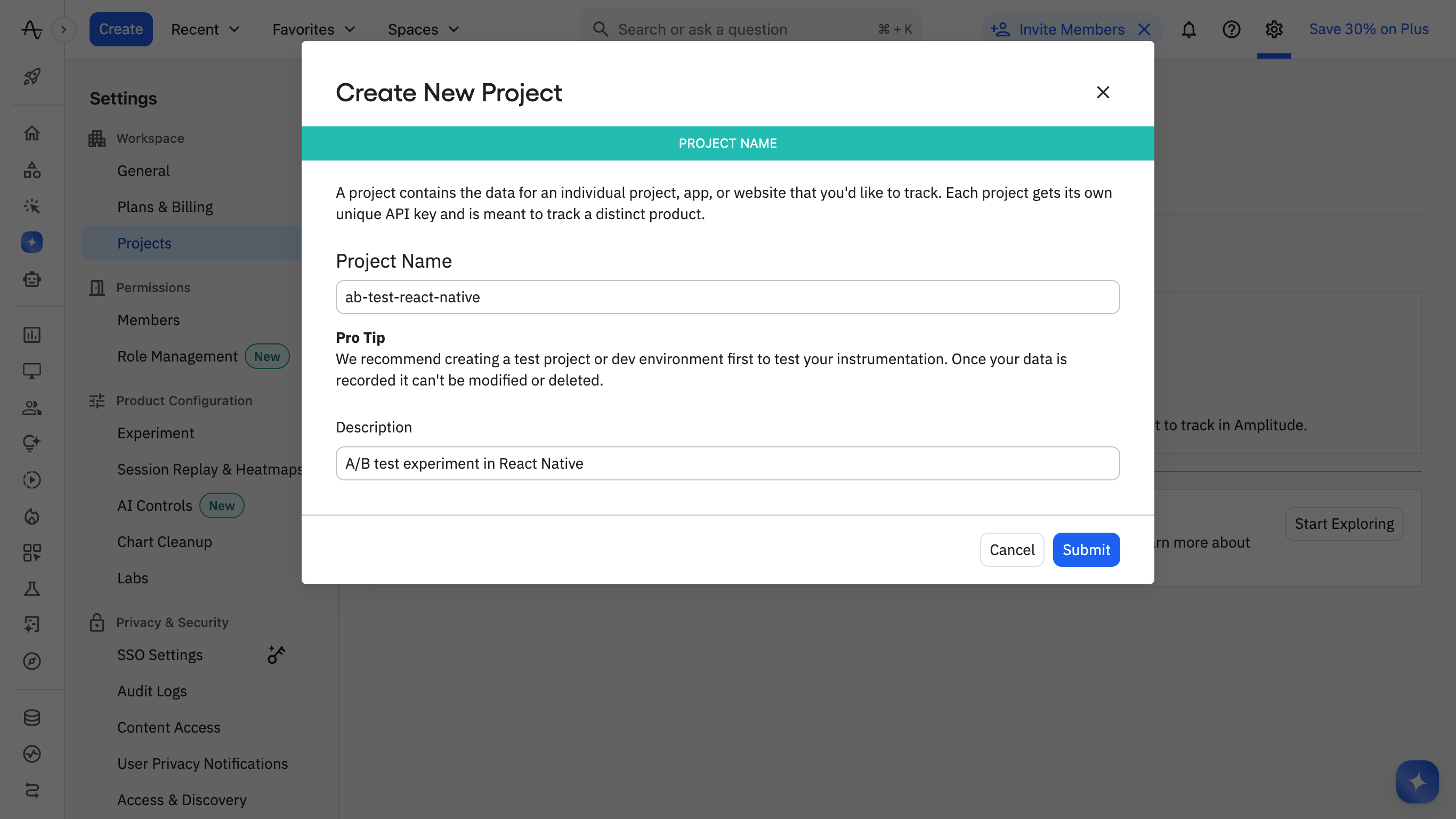 Create a new project in Amplitude