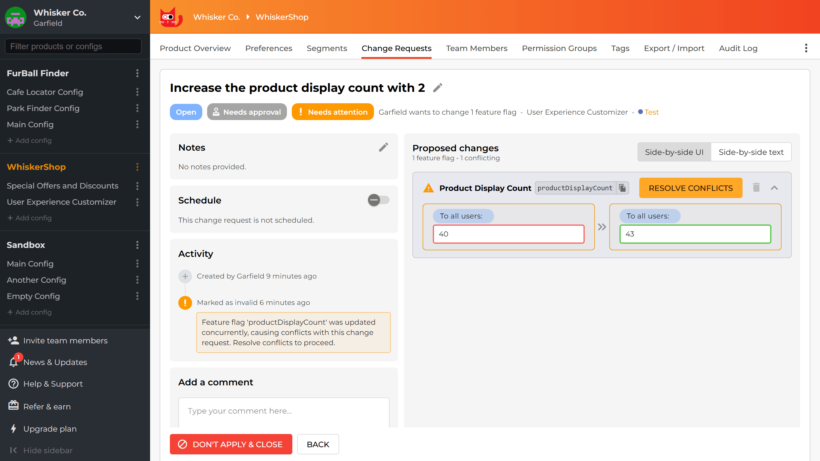 A resolved conflict between overlapping change requests