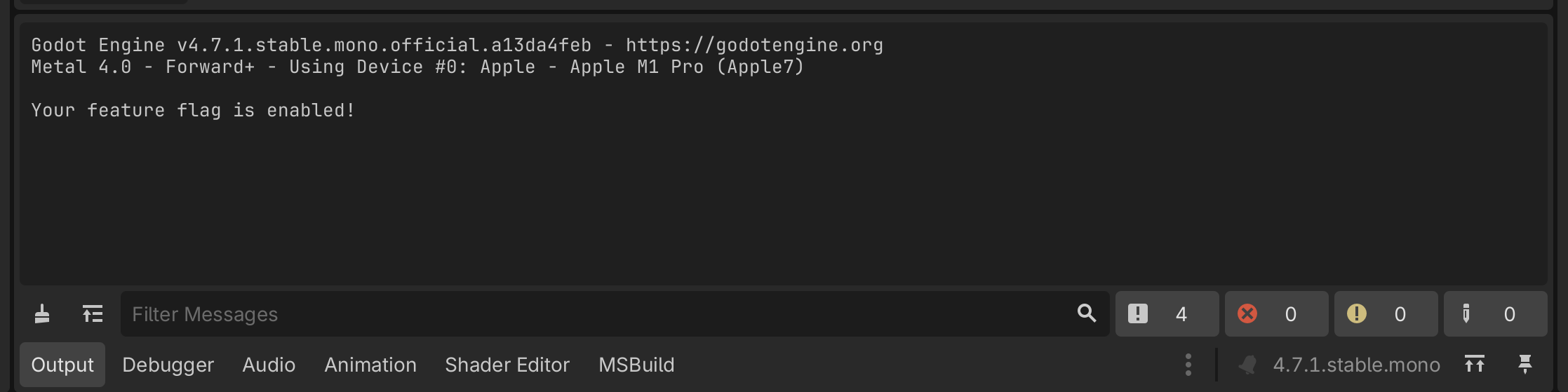 Godot console output when feature flag is enabled