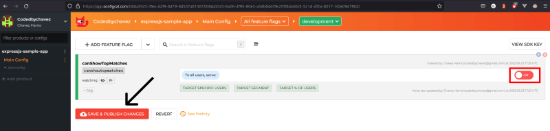 Snapshot of ConfigCat&#39;s dashboard - switching a feature flag off