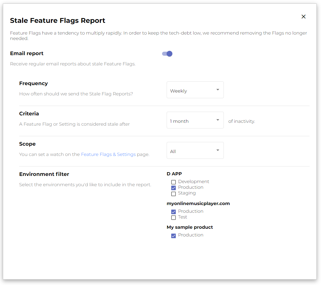 Pick Stale Flags Report in the dropdown after clicking your name