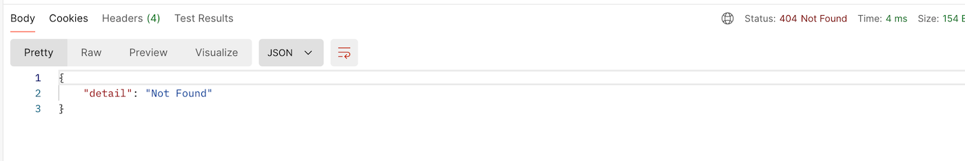 JSON response showing a 404 not found error