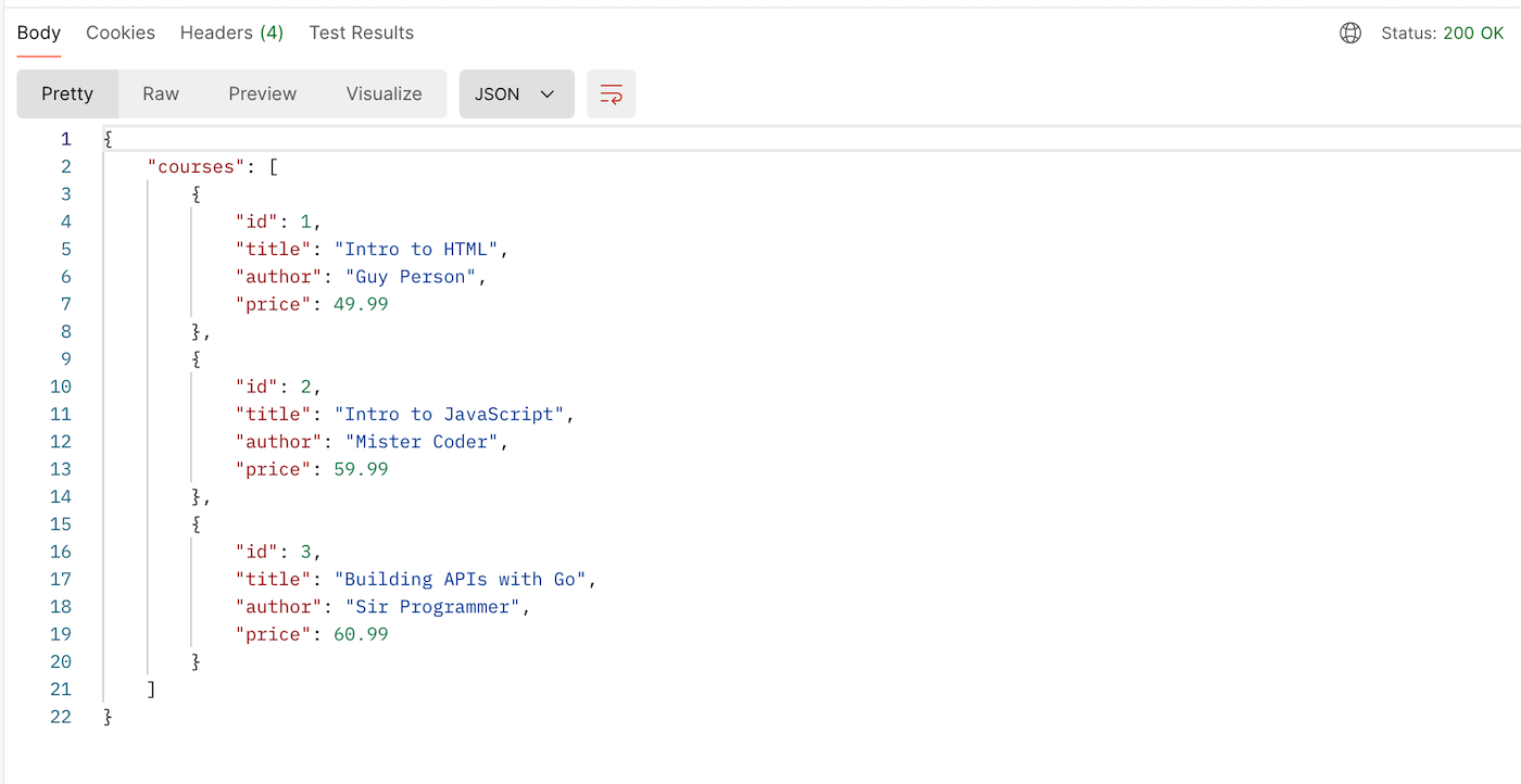 JSON response showing a list of courses