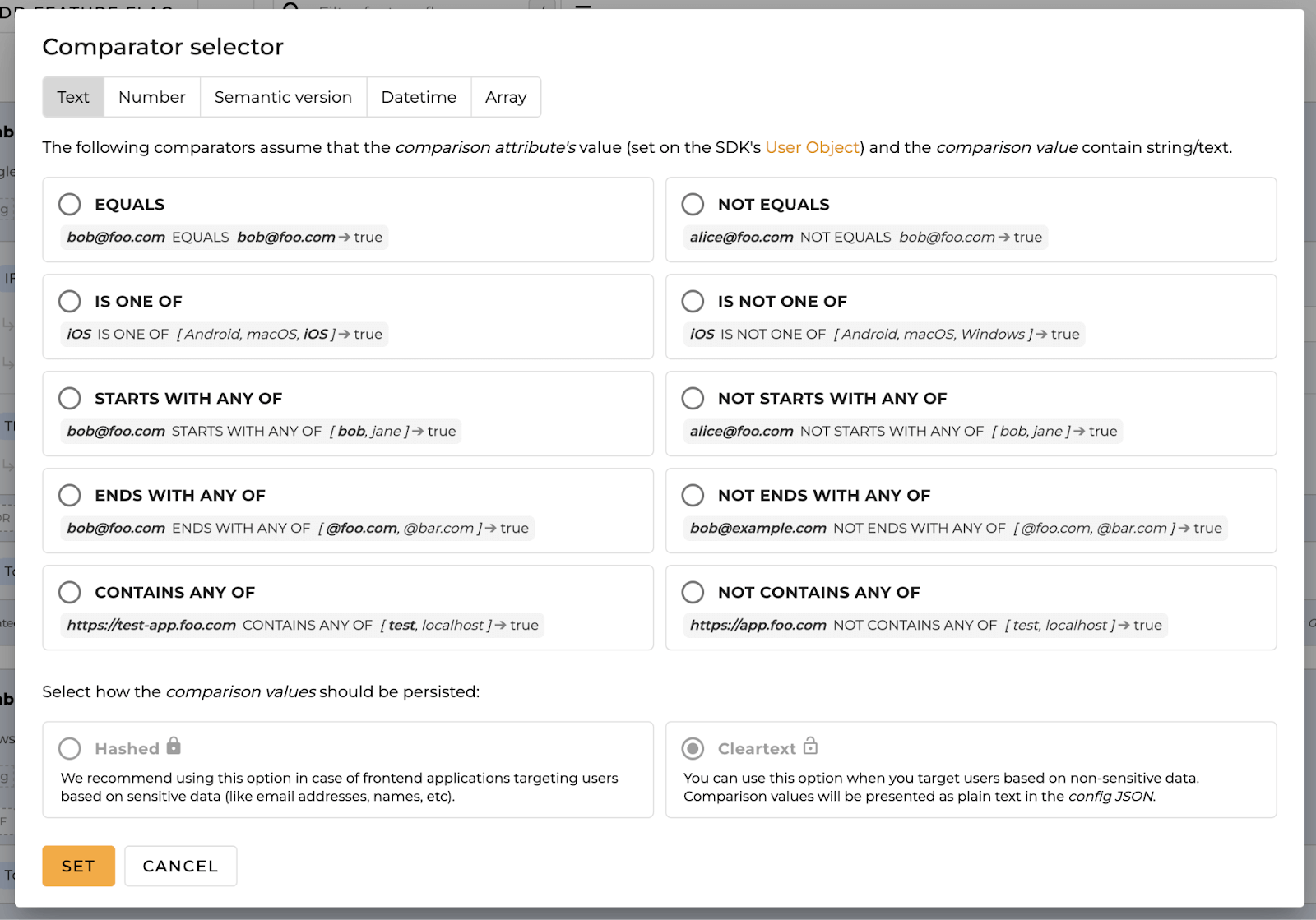 Comparator selector dialog