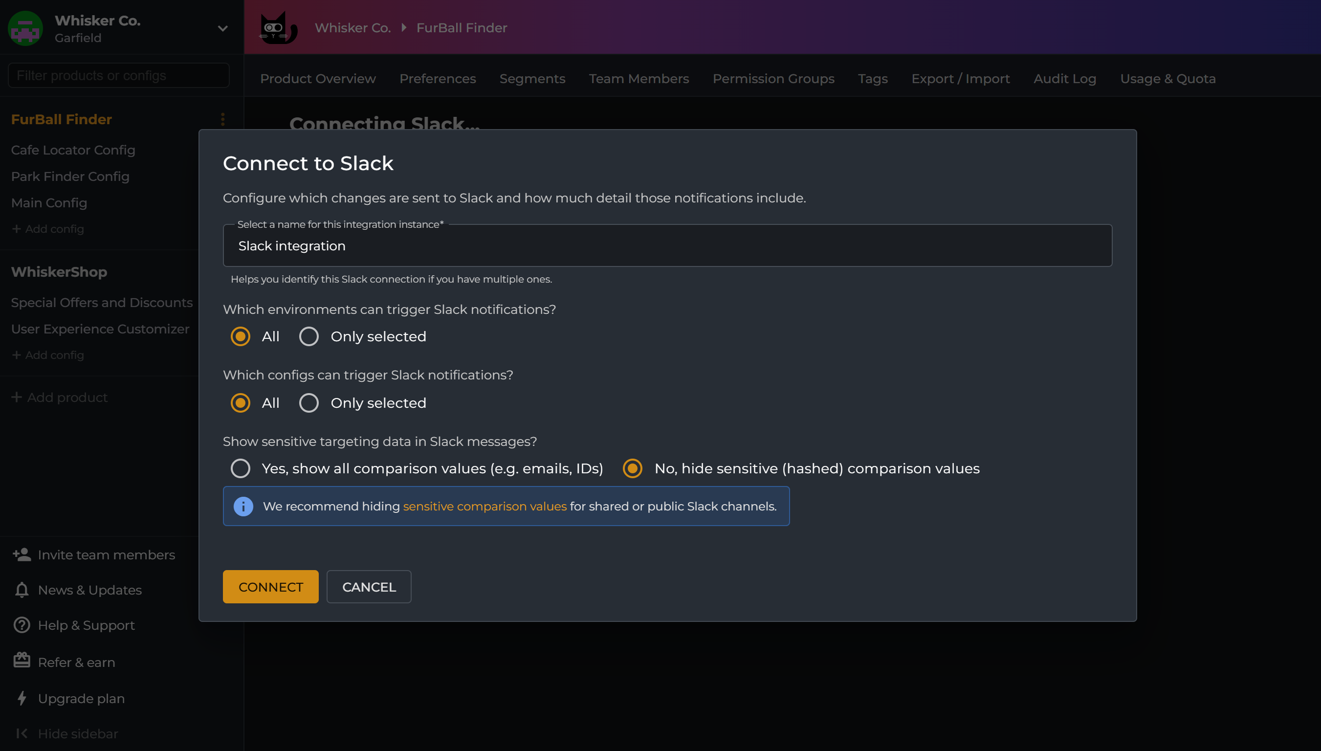 Slack integration sensitive data