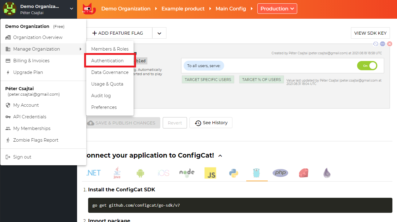 ConfigCat authentication settings