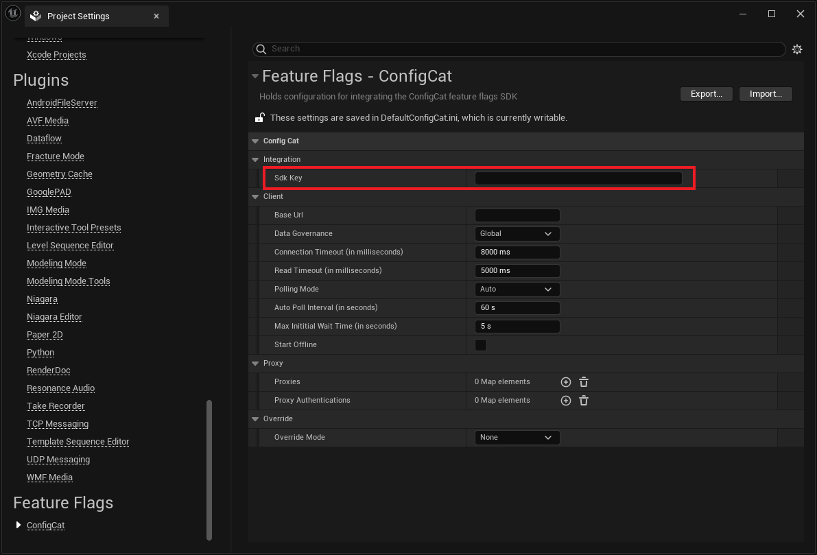 Unreal Engine plugin settings